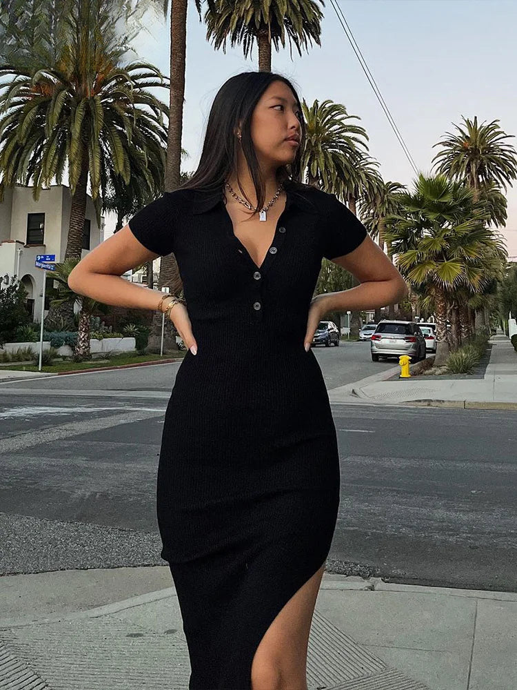 Ribbed Knit Polo Collar Button Placket Side Slit Maxi Dress 2