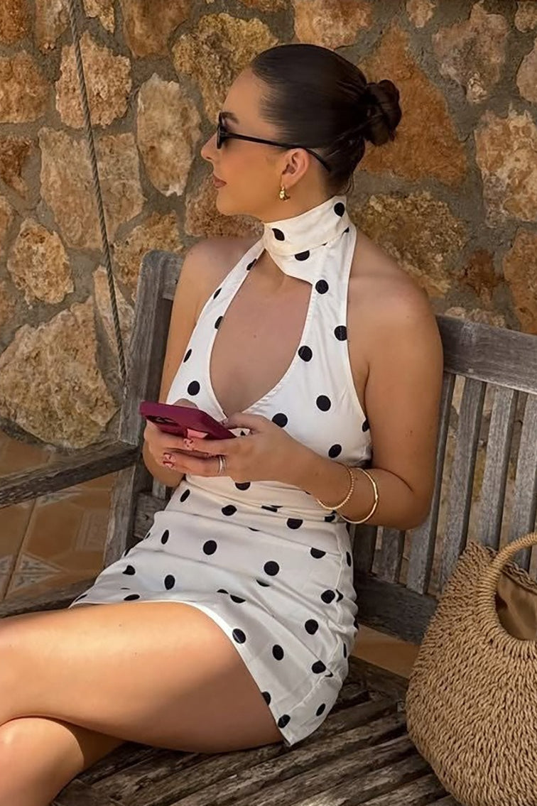 Polka Dot Choker Keyhole Plunge Halter Neck Bodycon Mini Dress