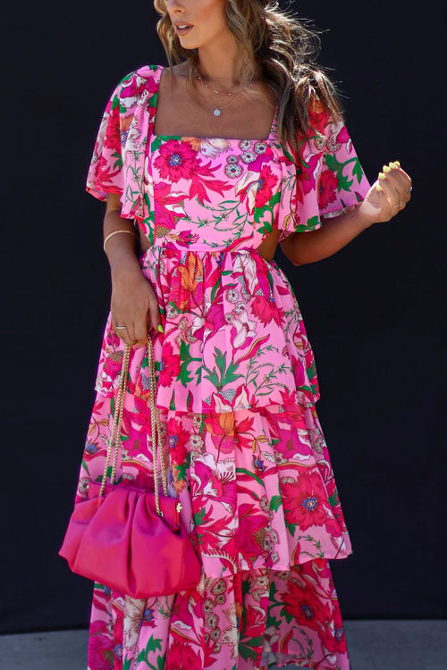 Square Neck Flutter Sleeve Waist Cutout Tiered Ruffle Floral Midi Dress 4