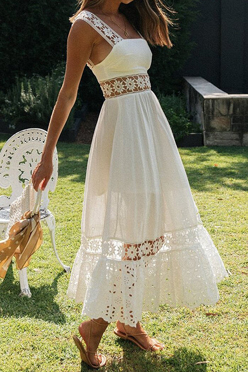 Square Neck Lace Panel Sleeveless Column Maxi Gown
