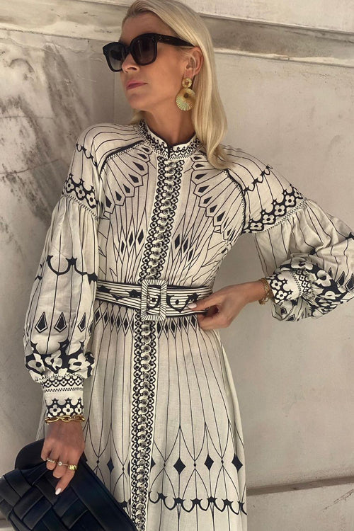 Mandarin Collar Button Front Puff Sleeve Belted Ornamental Print Midi Dress 2