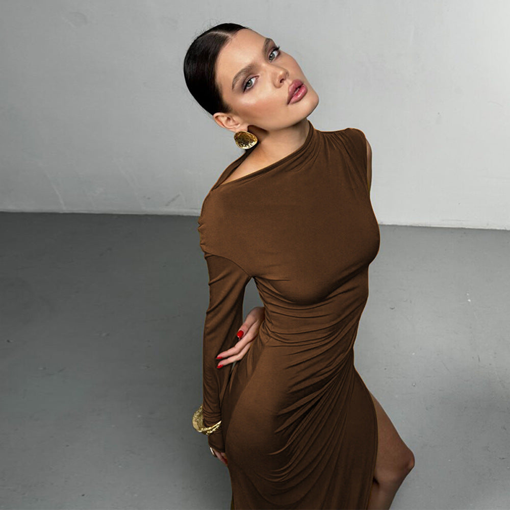 One Sleeve Mock Neck Ruched High Slit Jersey Maxi Dress 4