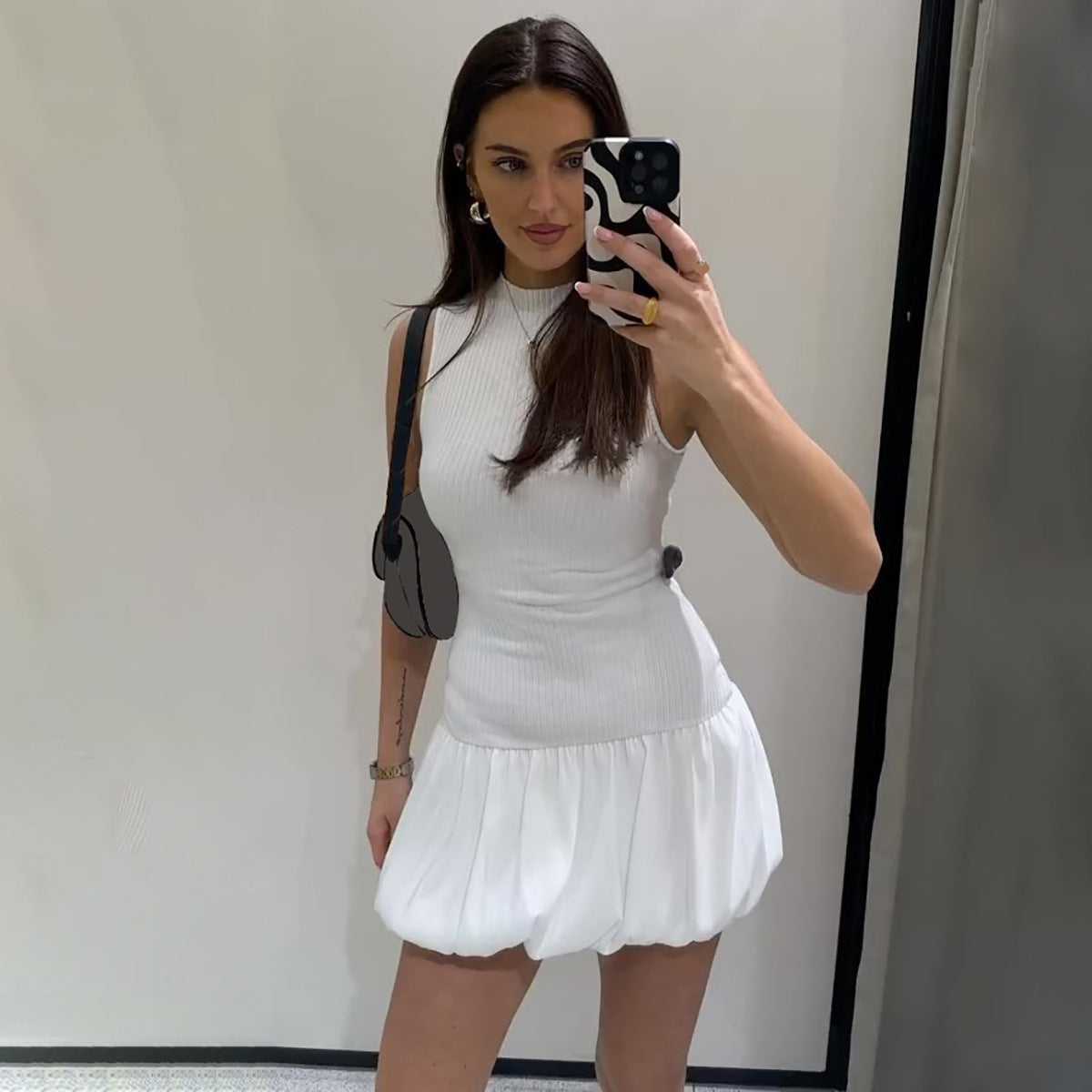 Mock Neck Sleeveless Ribbed Knit Drop Waist Bubble Hem Mini Dress 4