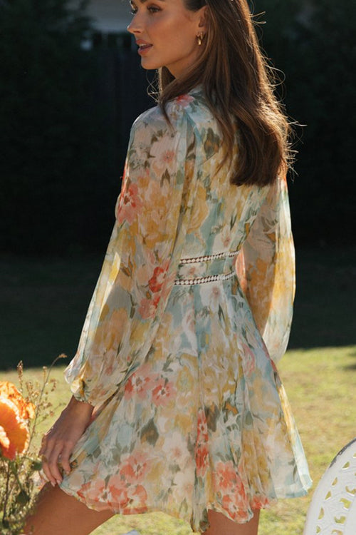 V Neck Lace Trim Balloon Sleeve Floral Print Mini Dress 2