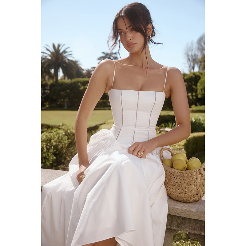 Square Neck Corset Basque Waist Pleated Midi Dress 4
