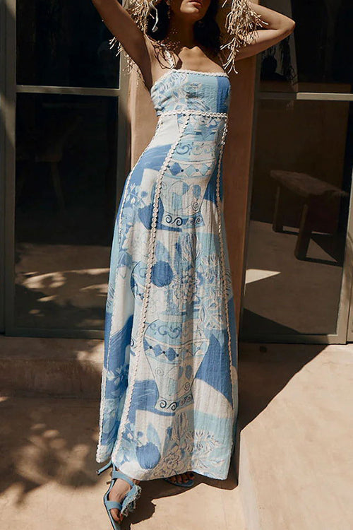 Square Neck Vase Print Crochet Trim Column Maxi Dress