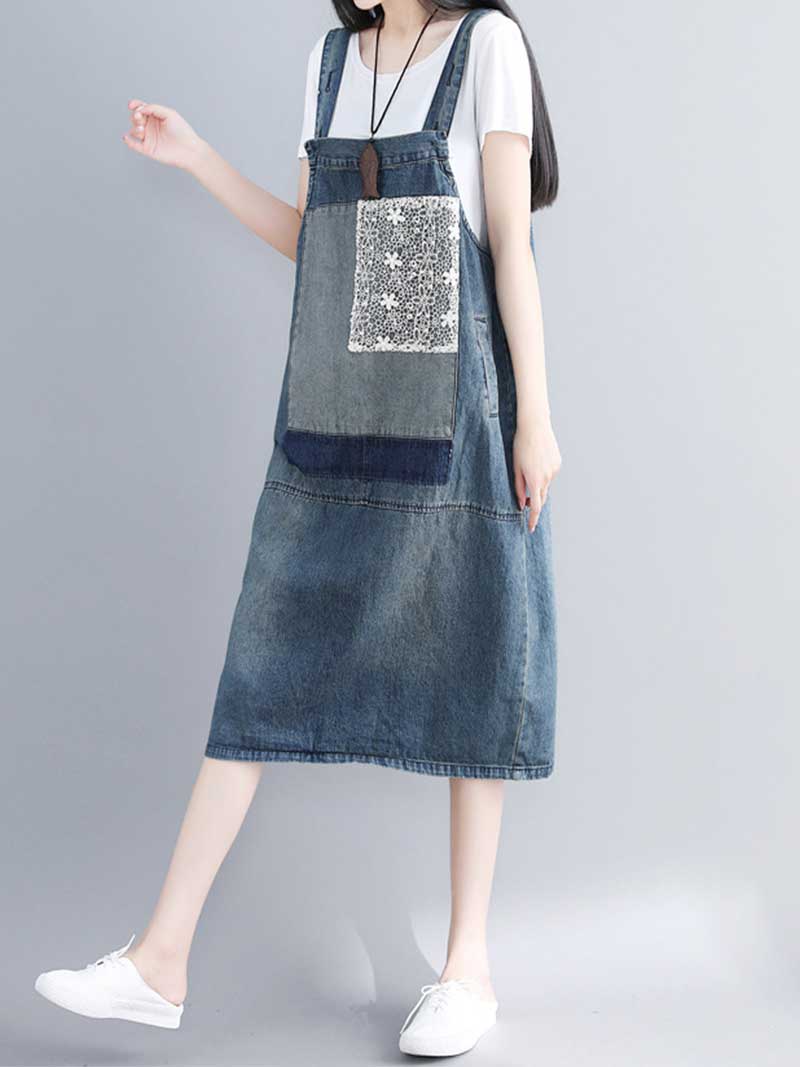 Patchwork Lace Panel Denim Pinafore Overall Midi Dress 3