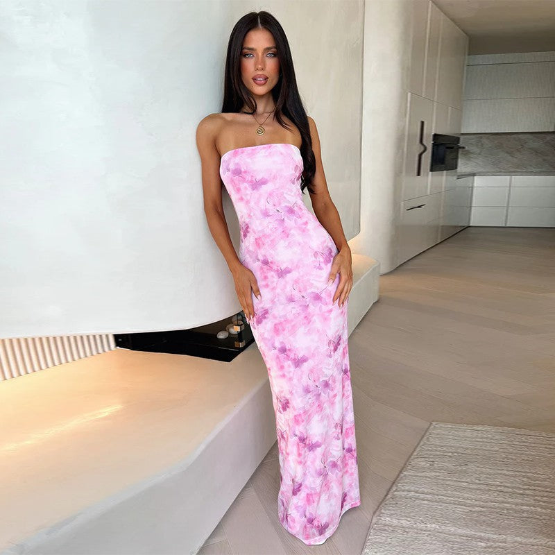 Strapless Abstract Watercolor Floral Print Bodycon Maxi Dress 4