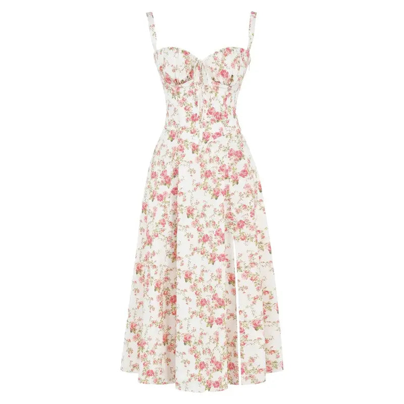 Floral Lace Up Back Spaghetti Strap Corset Fit and Flare Midi Dress 4