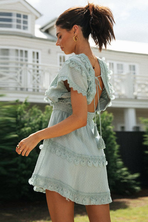 Lace Backless Short Sleeve Tiered Mini Dress 5