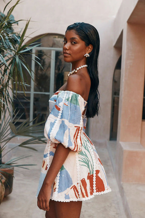 Off Shoulder Print Bishop Sleeve Wrap Waist Mini Dress 3