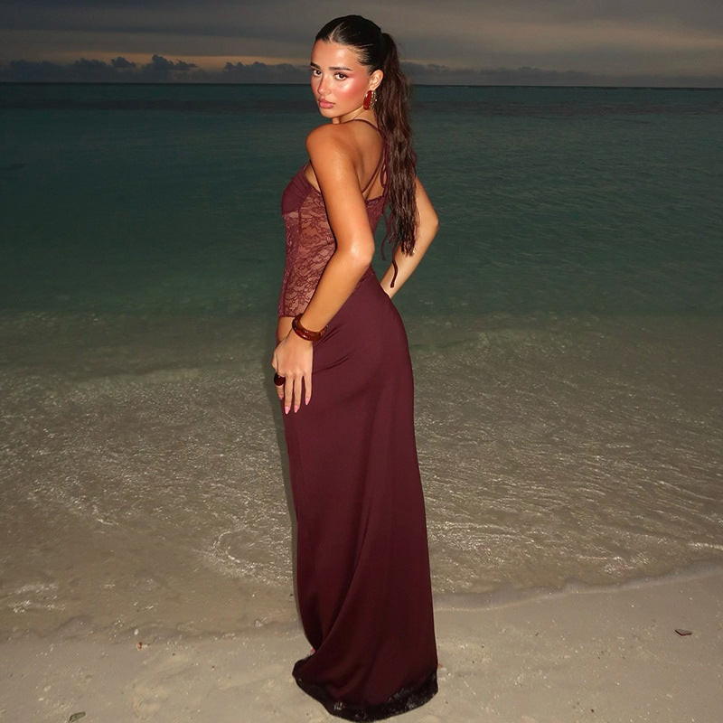 Spaghetti Strap Square Neck Lace Waist Panel Bodycon Maxi Dress 4