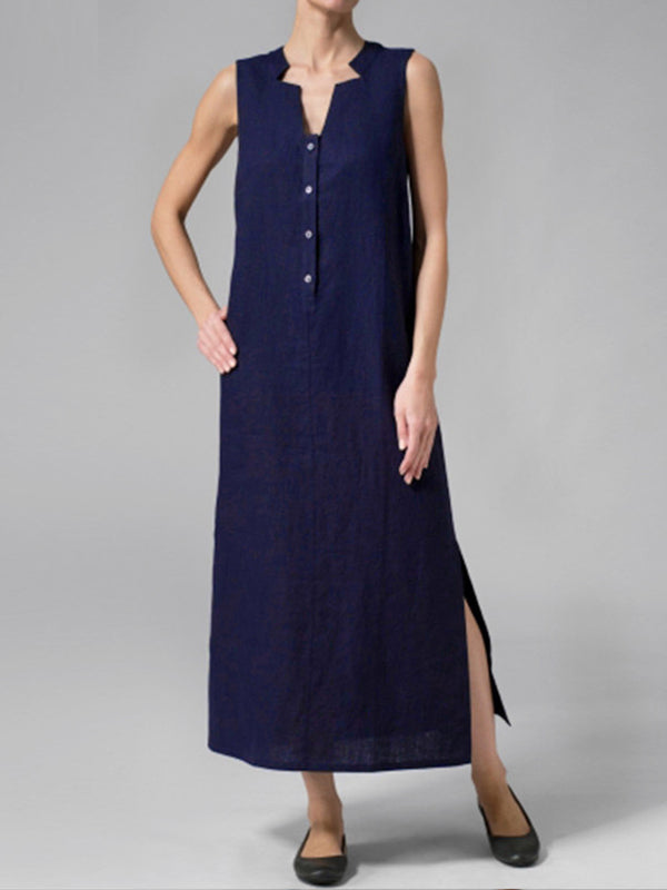 Sleeveless Notched Collar Button Front Linen Maxi Dress with Side Slits 2