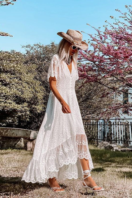 Deep V Neck Short Lace Sleeve Button Front High Low Ruffle Embroidered Maxi Dress 3