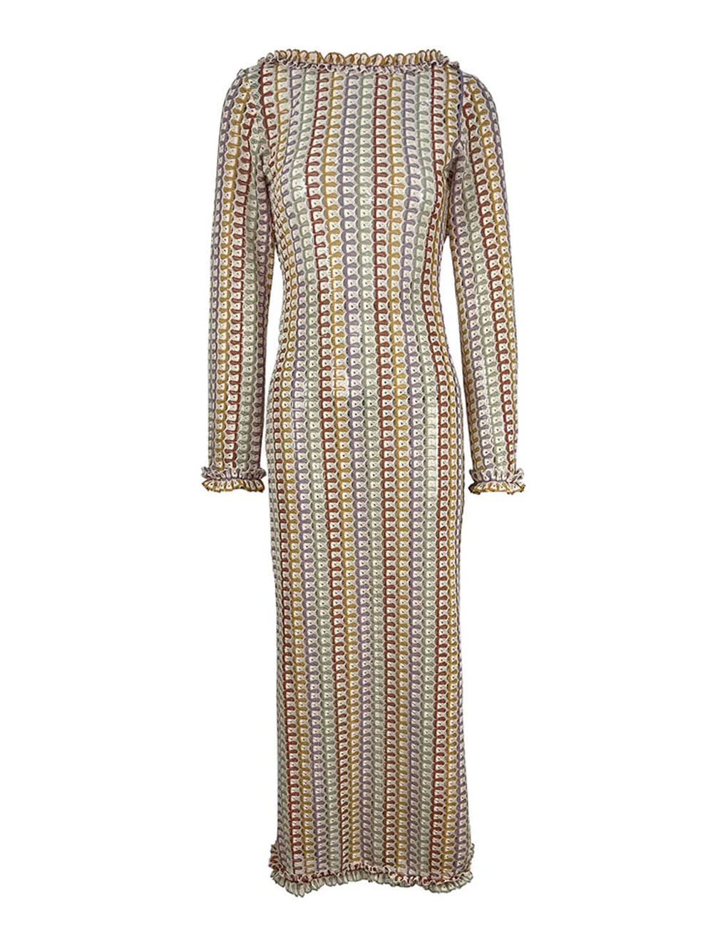 Crochet Scallop Stripe Ruffle Boat Neck Long Sleeve Mini Dress 4