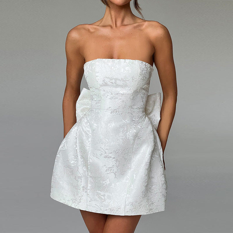 Strapless Brocade Floral Structured Bow Detail Tulip Mini Dress 4
