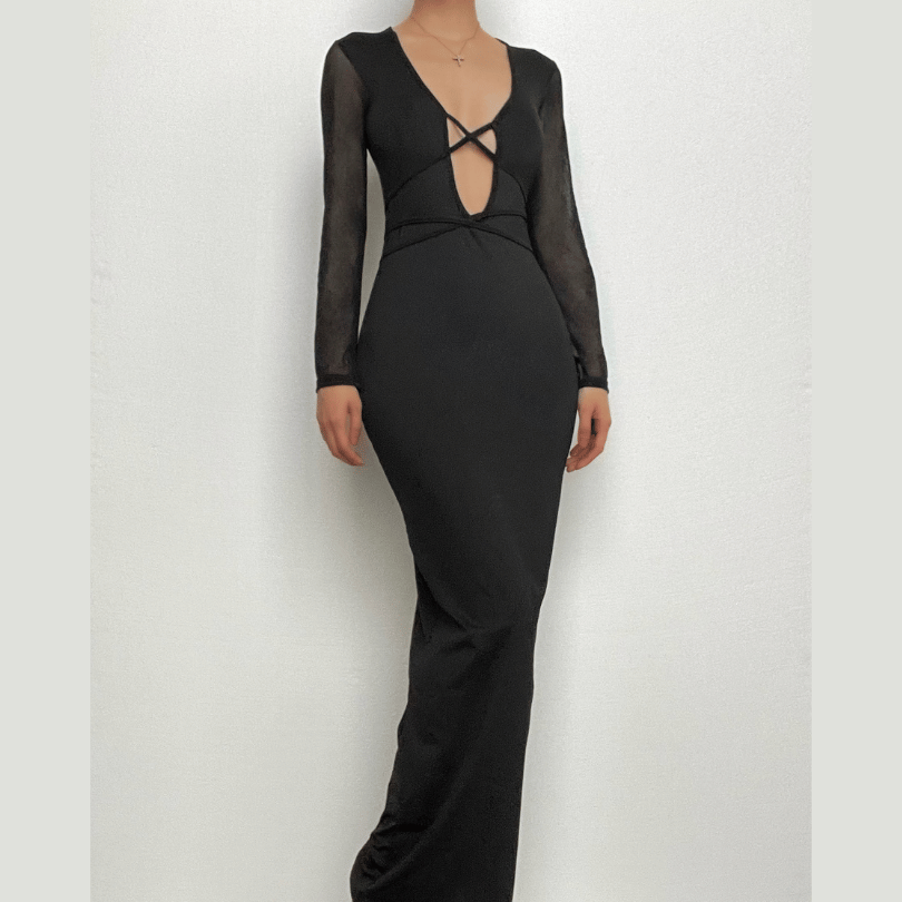 Mesh Patchwork Deep V Neck Cross Front Long Sleeve Maxi Dress