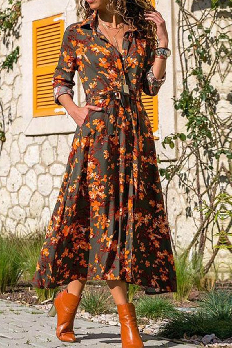 Tropical Botanical Print Collared Button-Front Tie-Waist Maxi Shirt Dress 4