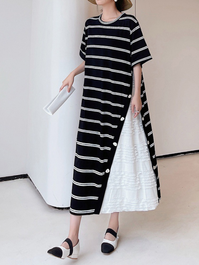 Horizontal Stripe Oversized Button Side Slit Tiered Ruffle Layered Midi Dress 4