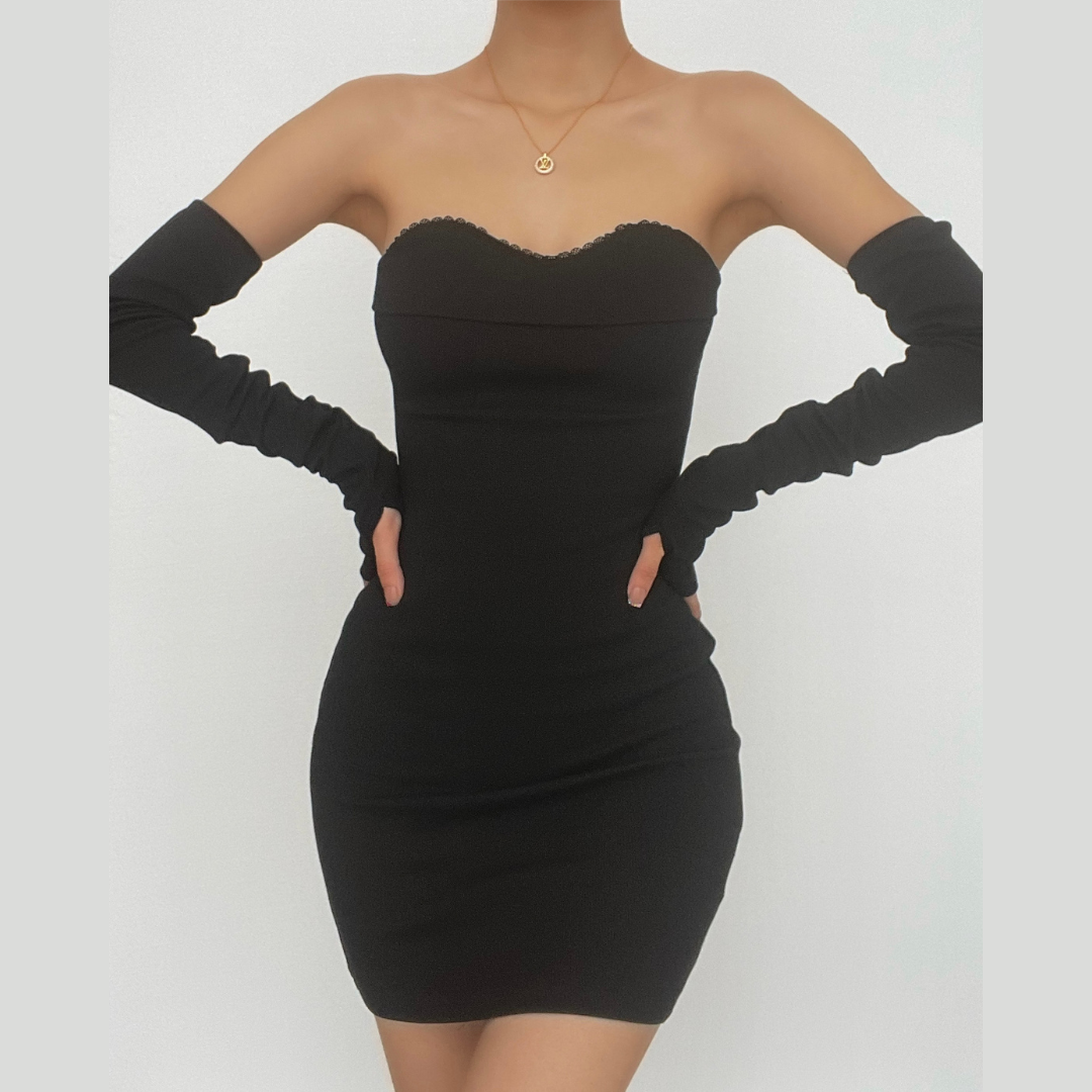 Sweetheart Lace Trim Strapless Rib Knit Gloves Mini Dress