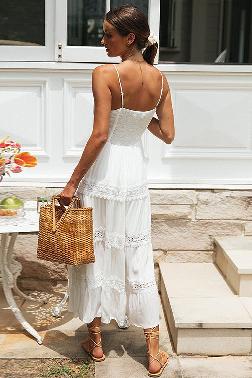 Spaghetti Strap Tie Front Crochet Tier Boho Maxi Dress 2