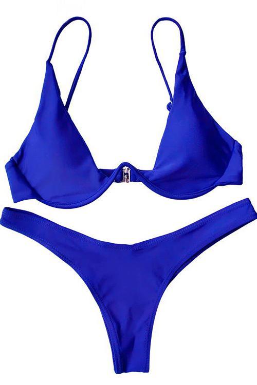 Blue Underwire High Cut Push Up Thong Sexy Bikini Swimsuit