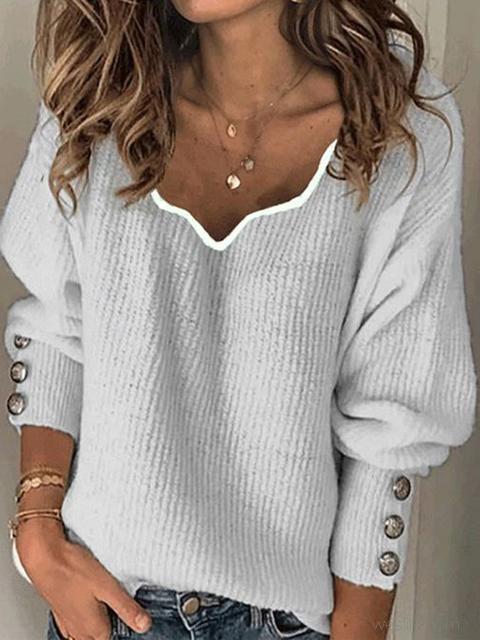Solid Color Knitted V-neck Loose Sweater