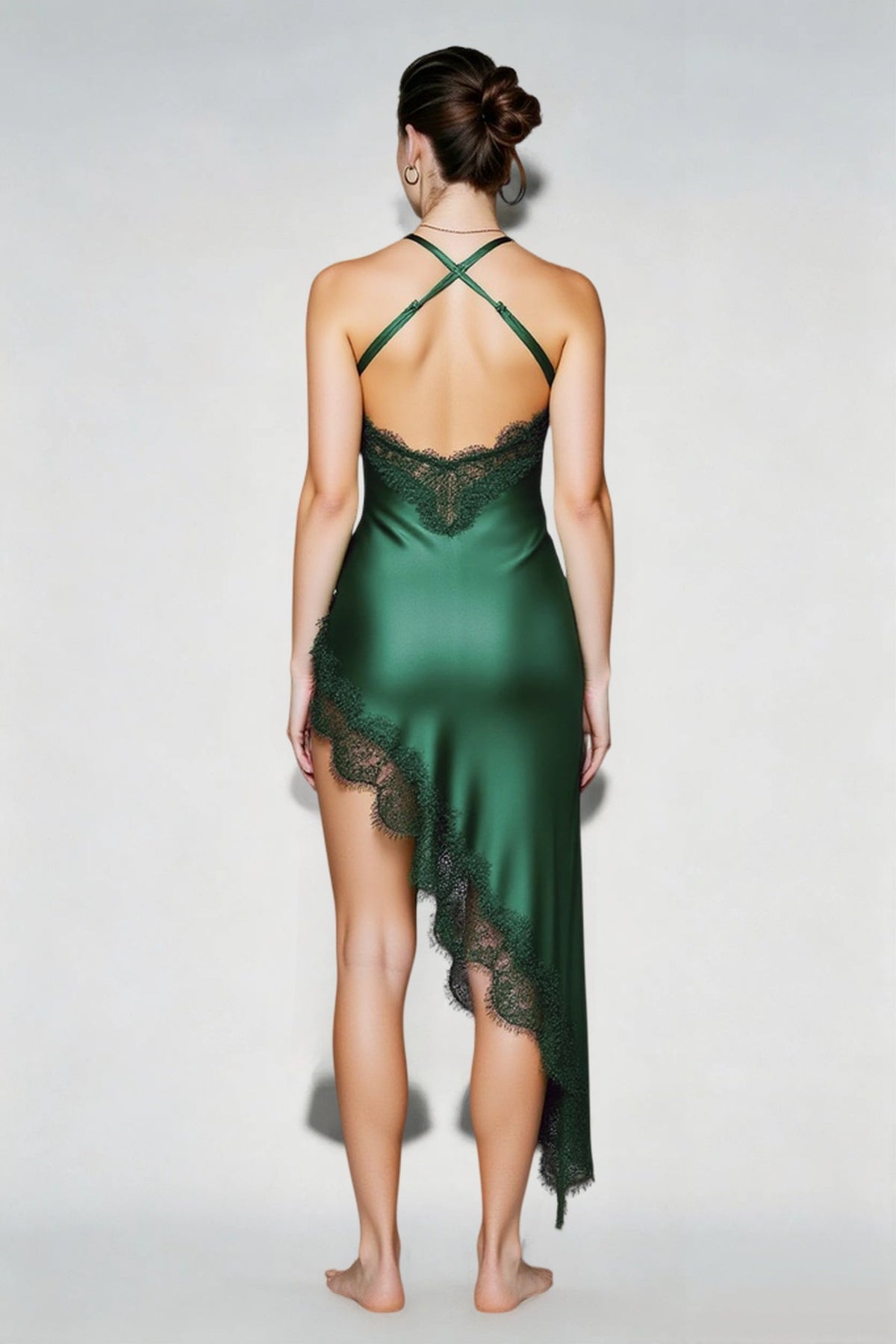 Cross Back Spaghetti Strap Lace Trim Asymmetrical Hem Satin Midi Dress