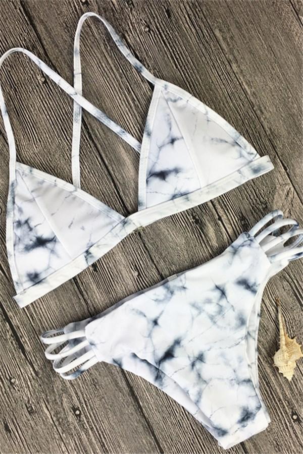 White Tie Dye Strappy Cheeky Sexy Triangle Bikini Swimsuit