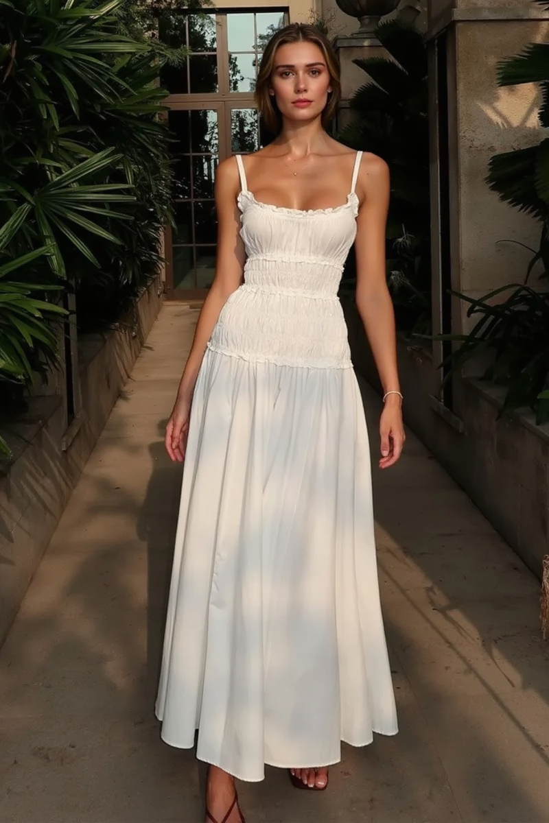 Scoop Neck Ruffle Trim Smocked Bodice Gathered Skirt Maxi Dress
