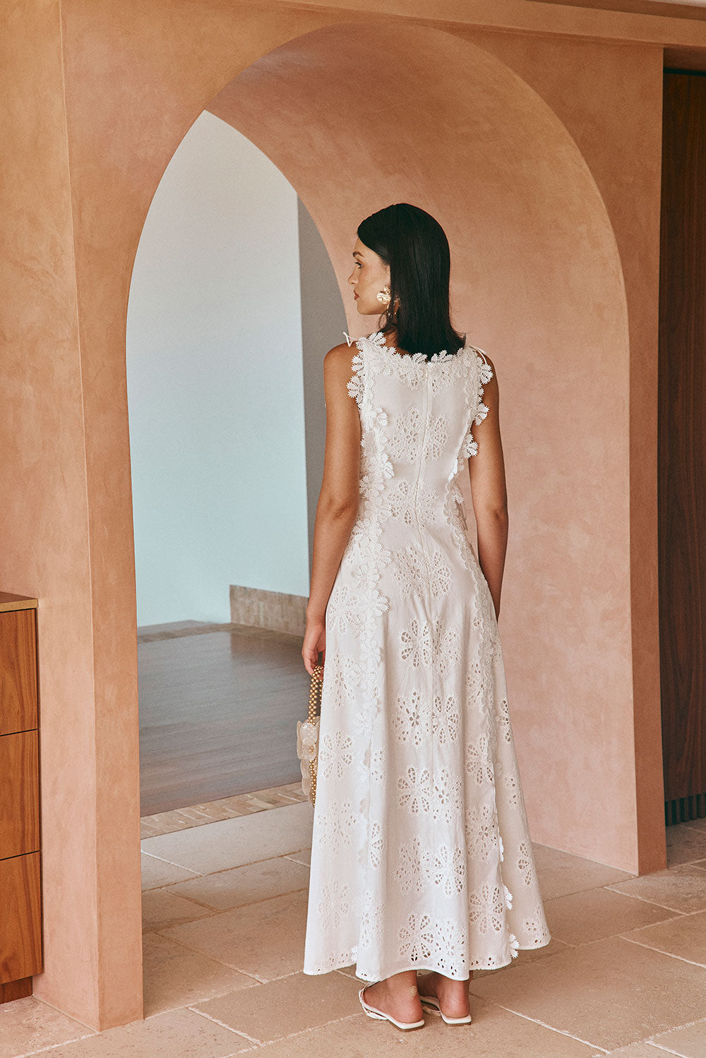 Floral Eyelet Embroidery Scalloped Lace Trim Tie Waist Maxi Dress 4