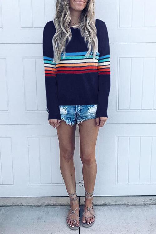 Colorful Striped Long Sleeve Round Neck T-shirt