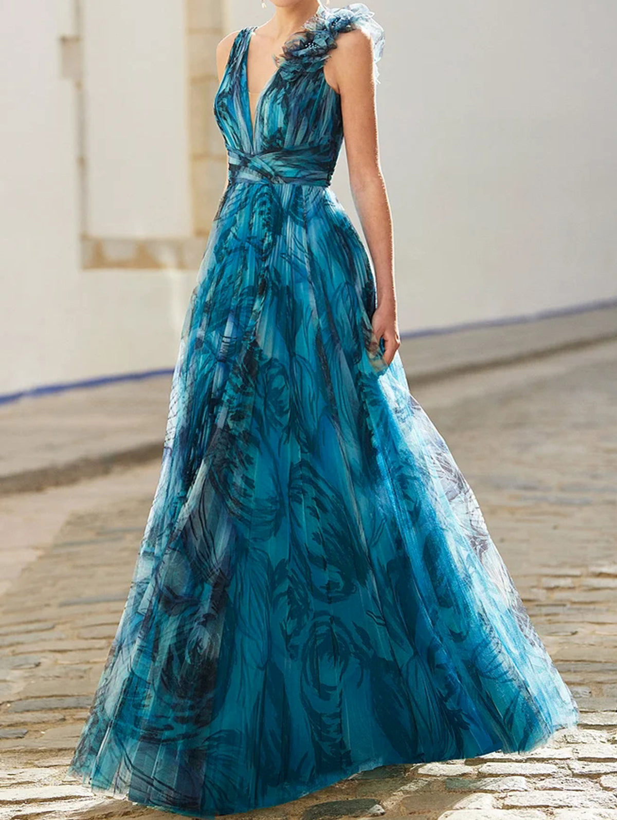 Deep V Neck One Shoulder Rosette Pleated Abstract Print Maxi Gown