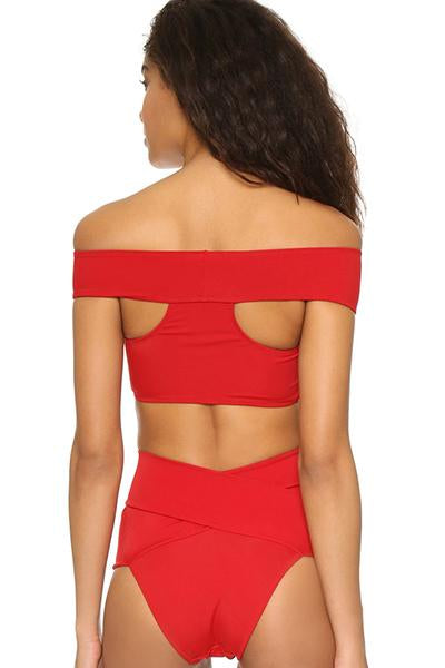 Red Off The Shoulder High Waisted Sexy Two Piece Swimsuit