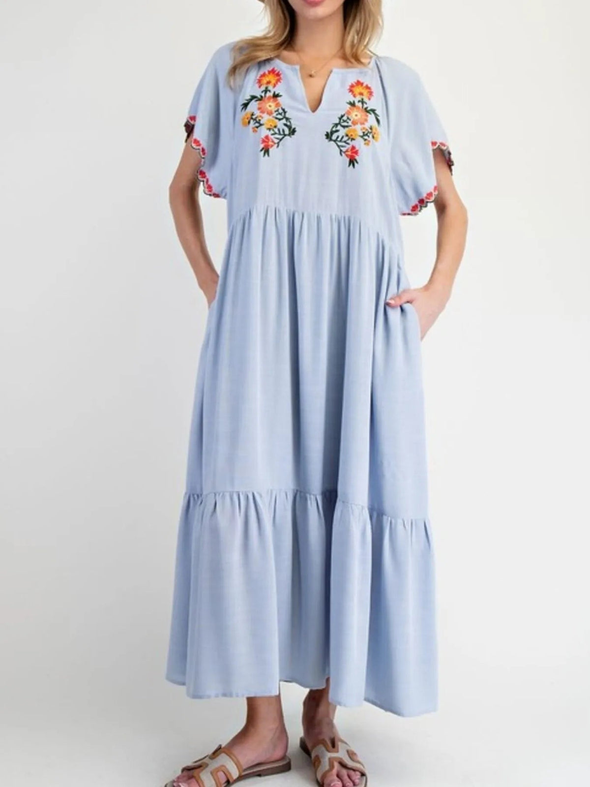 Floral Embroidered V-Neck Short Sleeve Tiered Maxi Dress 3