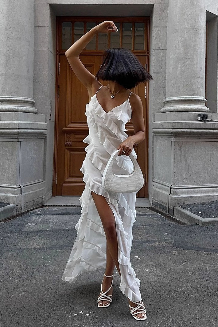 Deep V-Neck Spaghetti Strap Asymmetrical Ruffle Tier High Split Maxi Dress 3