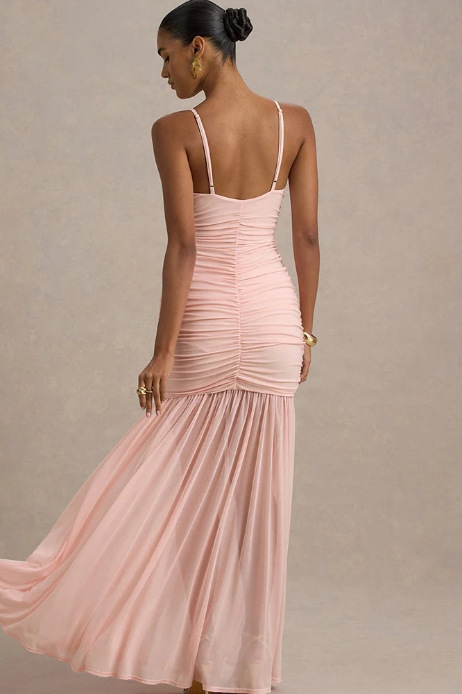 Deep V-Neck Spaghetti Strap Ruched Sheer Mesh Skirt Maxi Dress 6