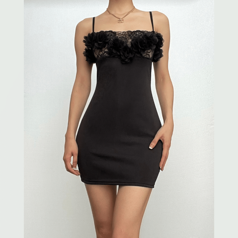 Rosette Applique Lace Panel Spaghetti Strap Bodycon Mini Dress