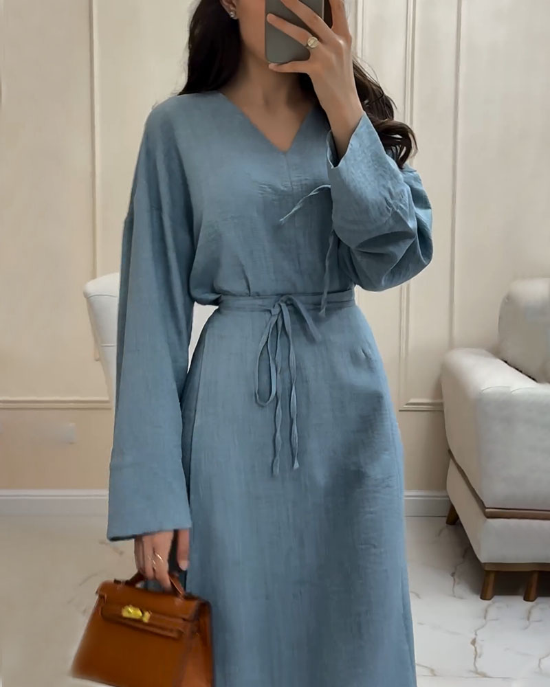 Linen-Look V-Neck Tie Waist Long Sleeve Relaxed Maxi Dress 2