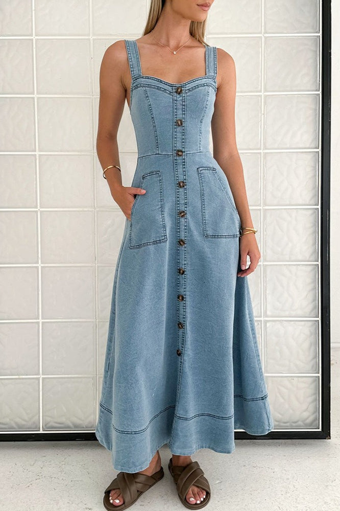 Denim Square Neck Button Front Patch Pocket A-Line Maxi Dress 2