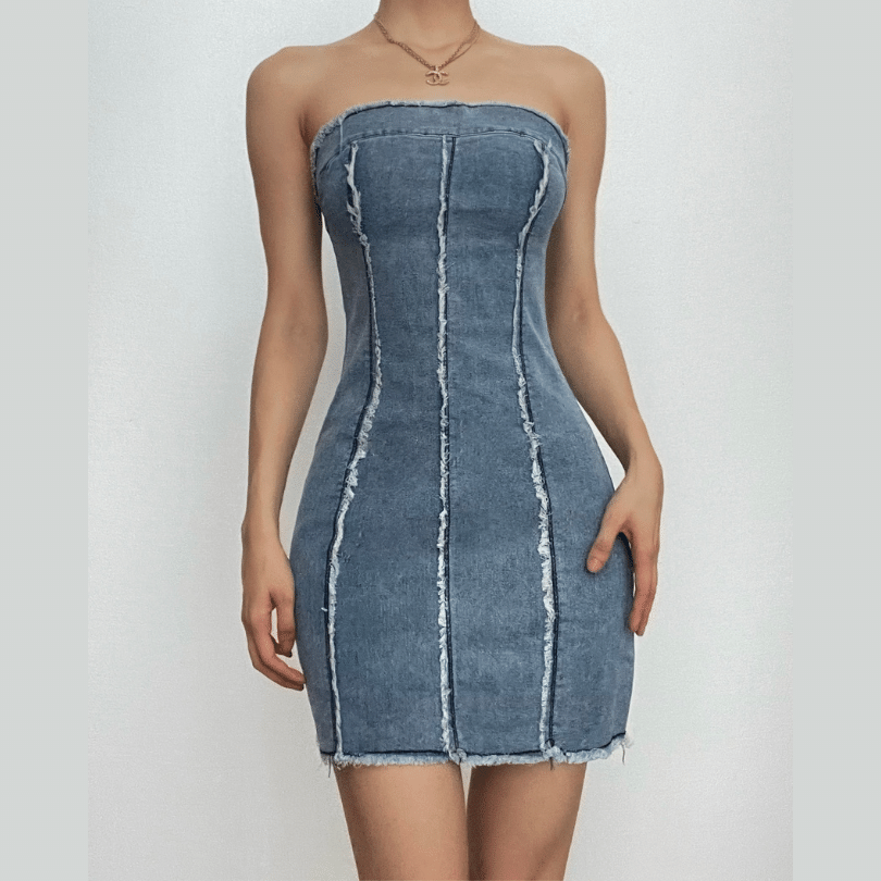 Raw Edge Panel Seam Strapless Denim Tube Mini Dress