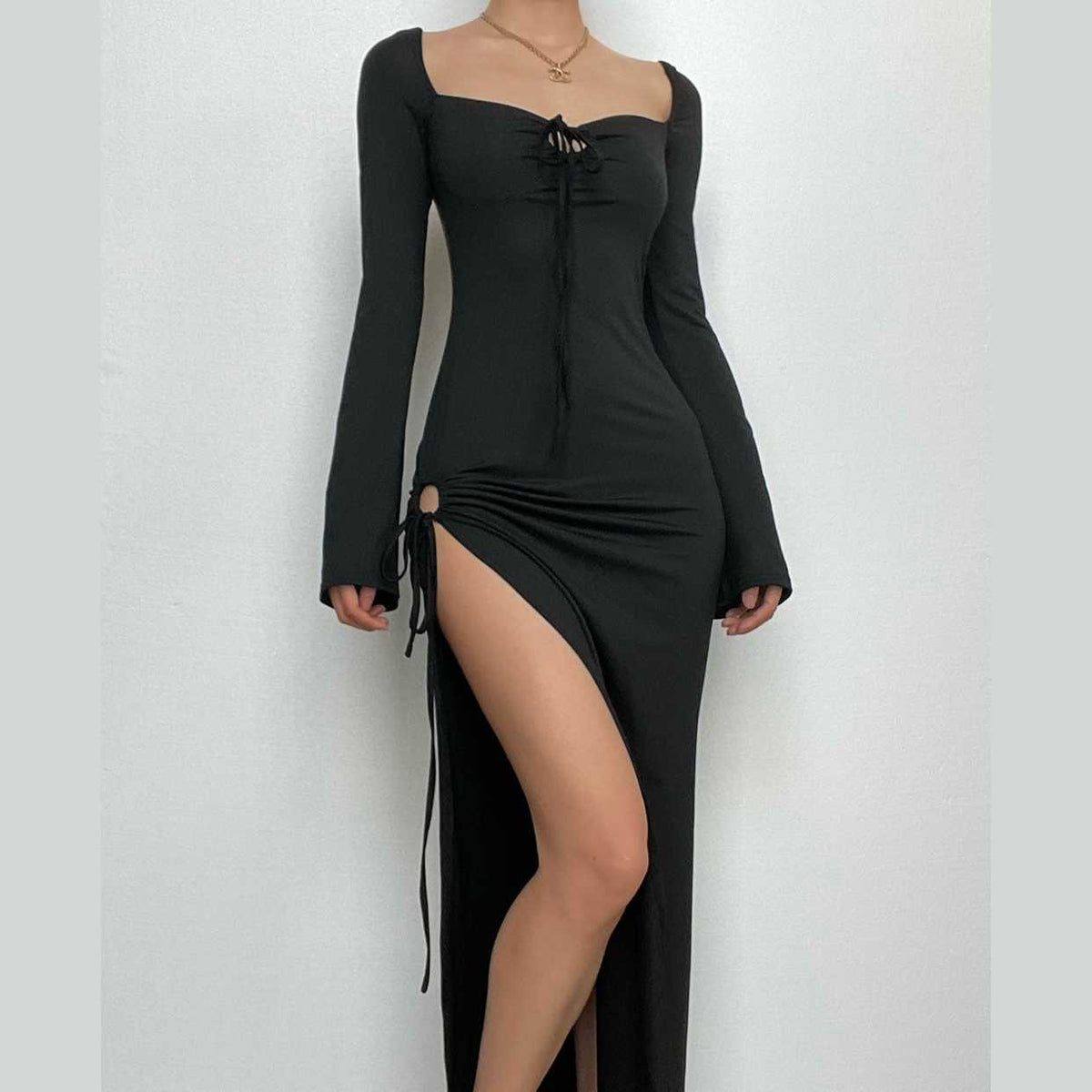Sweetheart Lace-Up Front Ring Drawstring High Slit Long Sleeve Bodycon Maxi Dress