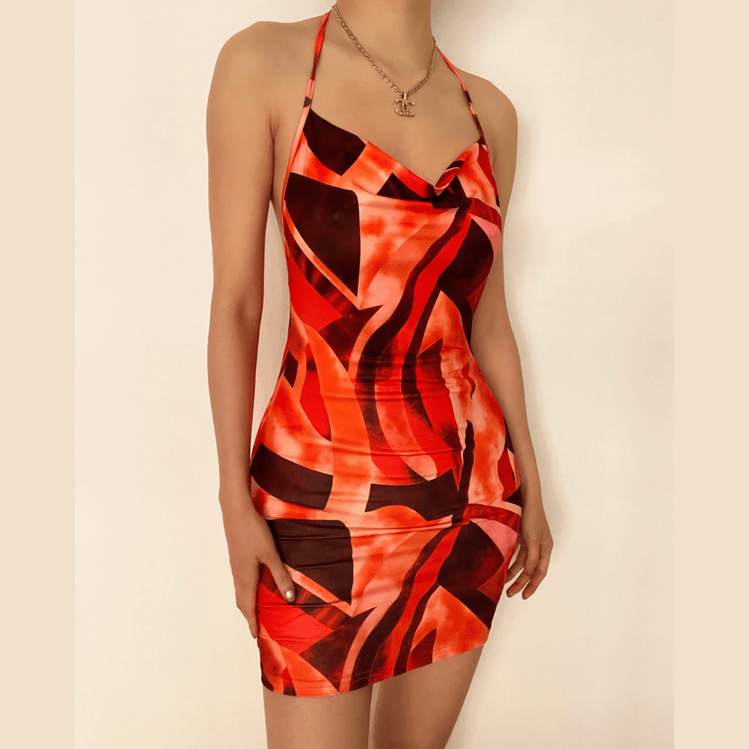 Cowl Neck Abstract Geometric Print Backless Halter Bodycon Mini Dress