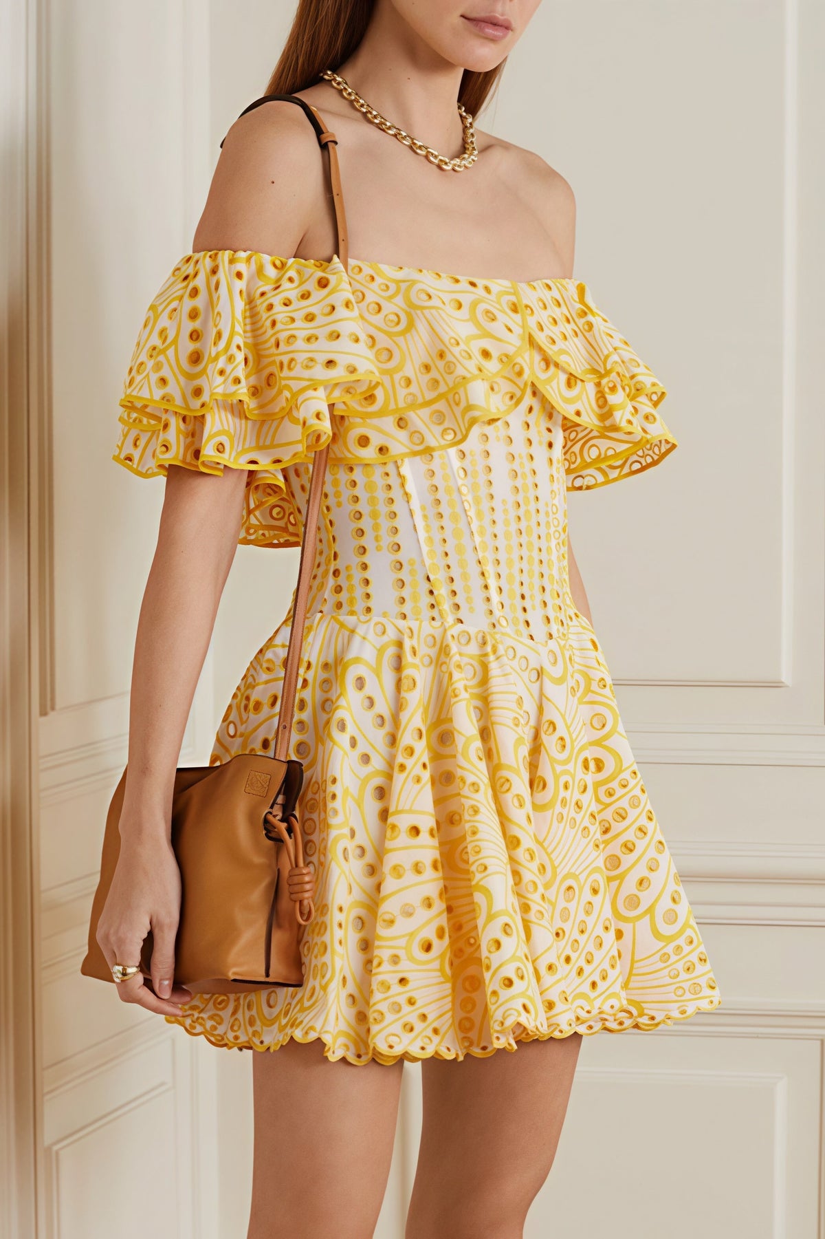Broderie Anglaise Off Shoulder Tiered Ruffle Fit and Flare Mini Dress