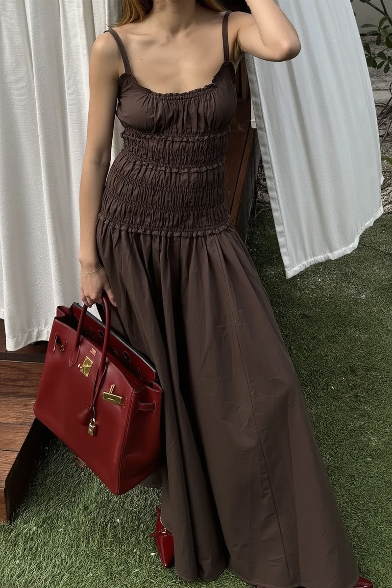 Scoop Neck Ruffle Trim Smocked Bodice Gathered Skirt Maxi Dress 6