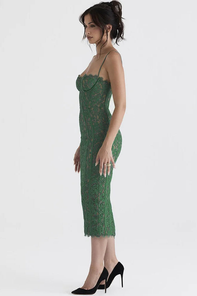 Floral Lace Corset Sweetheart Spaghetti Strap Bodycon Midi Dress 4