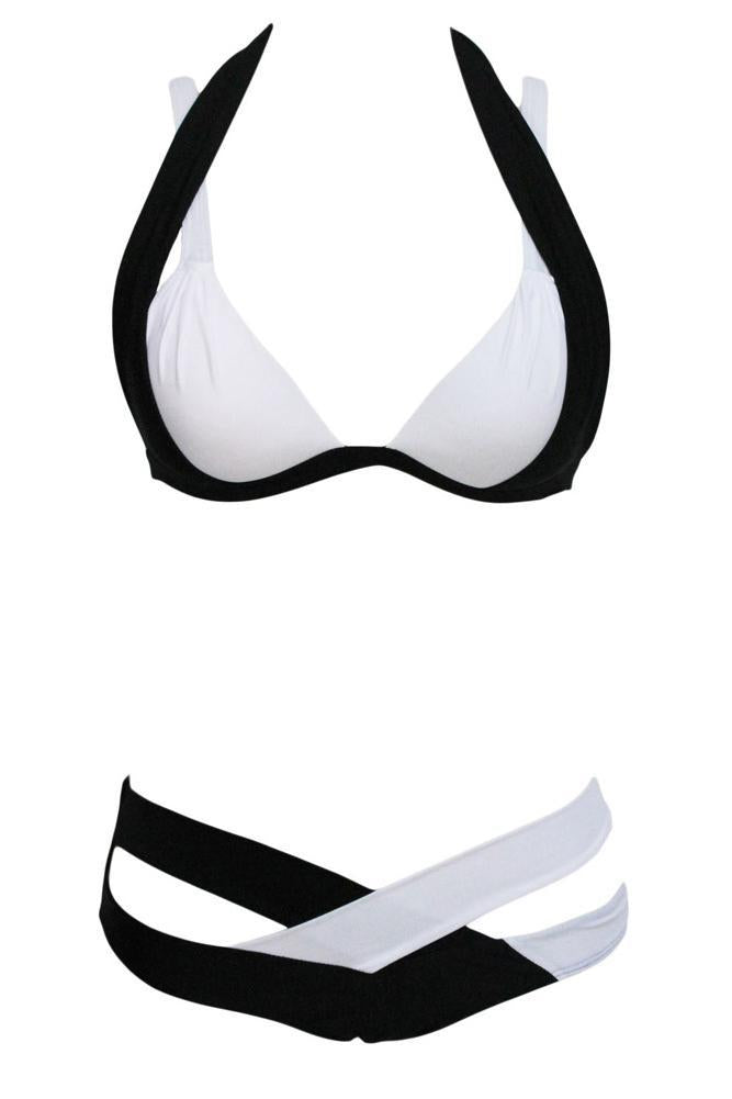 White Black Strappy Cutout Two Tone Halter Sexy Bikini Two Piece Swimsuit