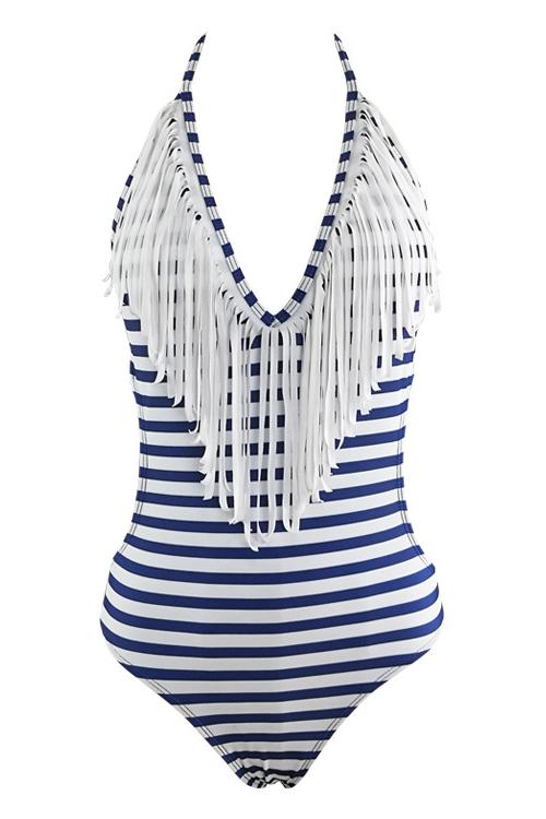White Plunging Halter Stripe Print Fringed Tied Backless Sexy One Piece Swimsuit