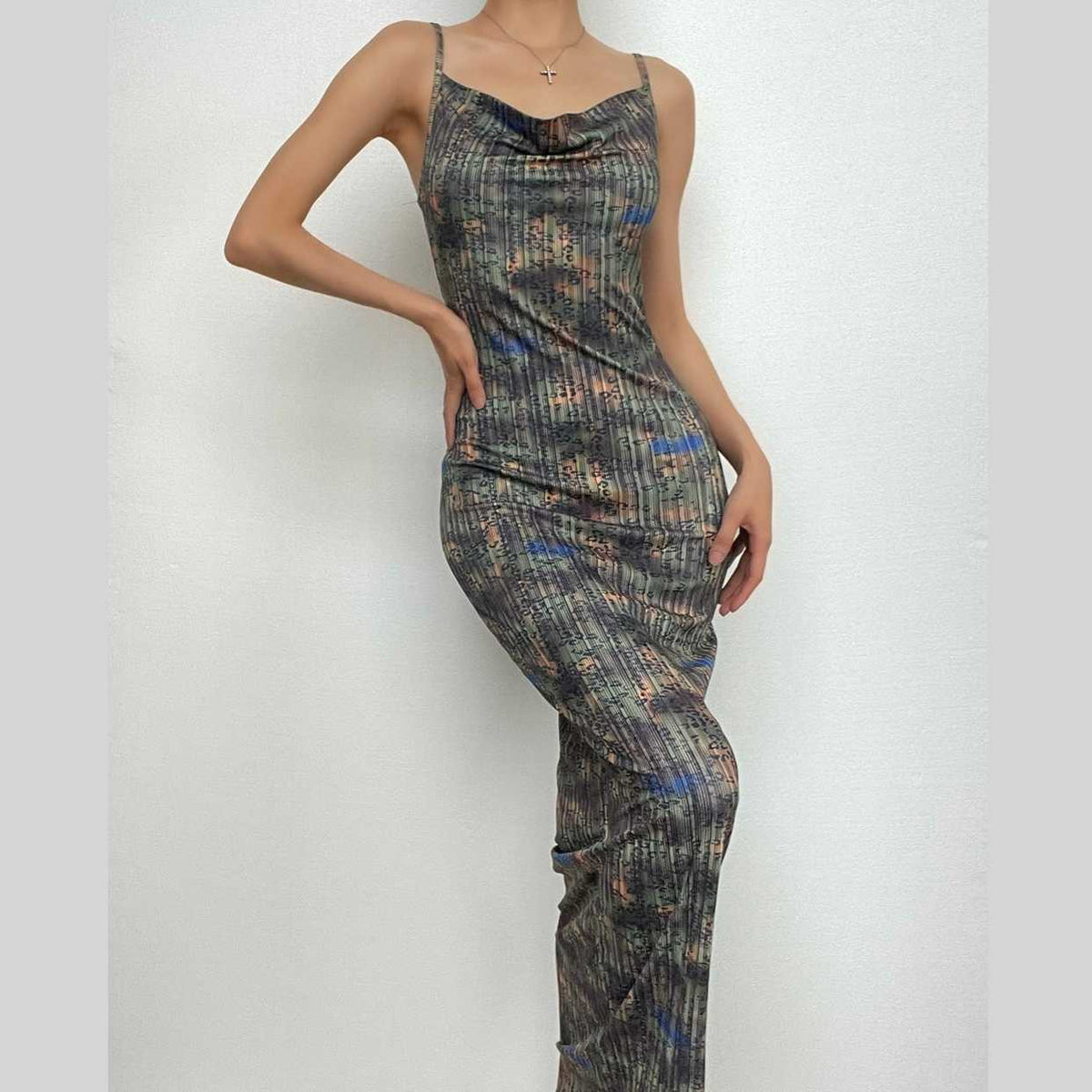 Print Cowl Neck Backless Spaghetti Strap Maxi Dress