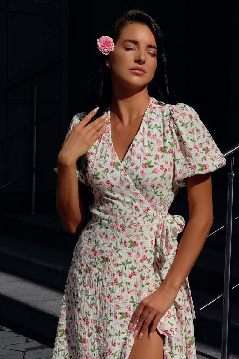 Puff Sleeve Heart Print Wrap Tie Waist Thigh Slit Midi Dress 4